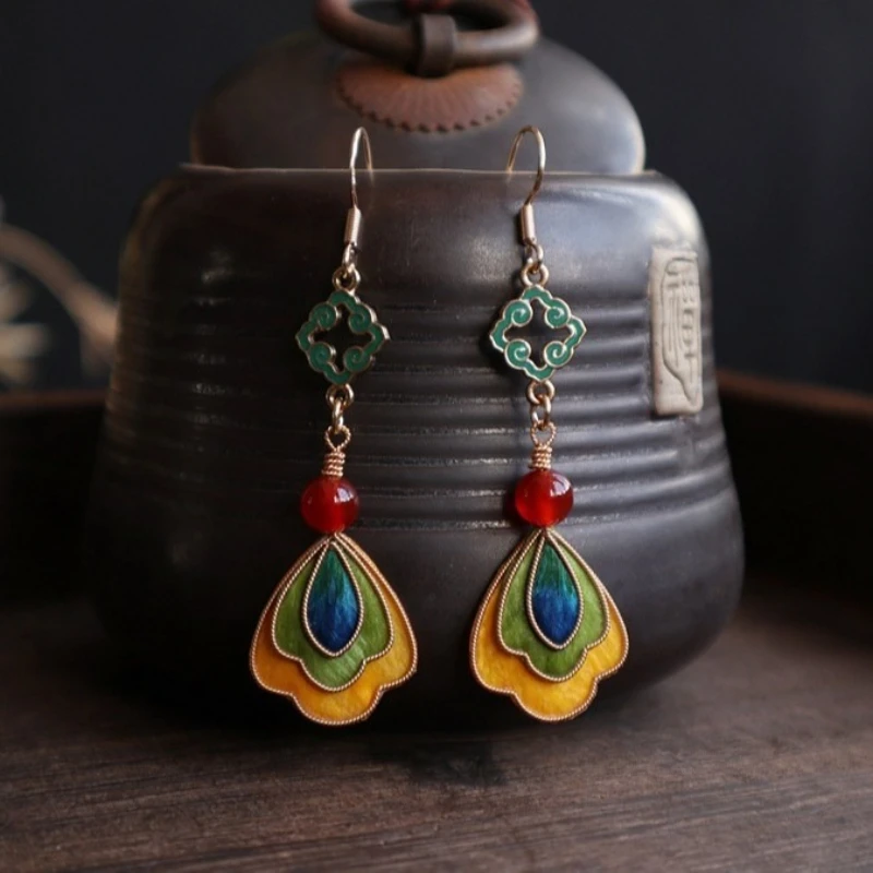 

Chinese Style Velvet Flower Filigree Petal Colorful Classical Women's Earrings Retro Accessories