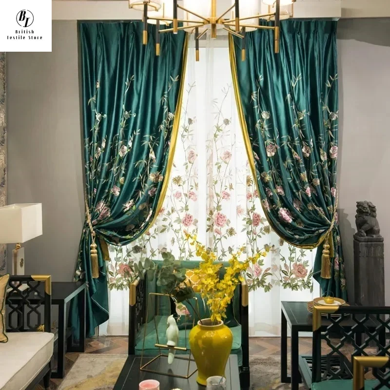 

Custom Size！！Dark Green Chinese Style Embroidery Glossy Window Screen Curtains for Living Dining Room Bedroom Decor Tulle Window