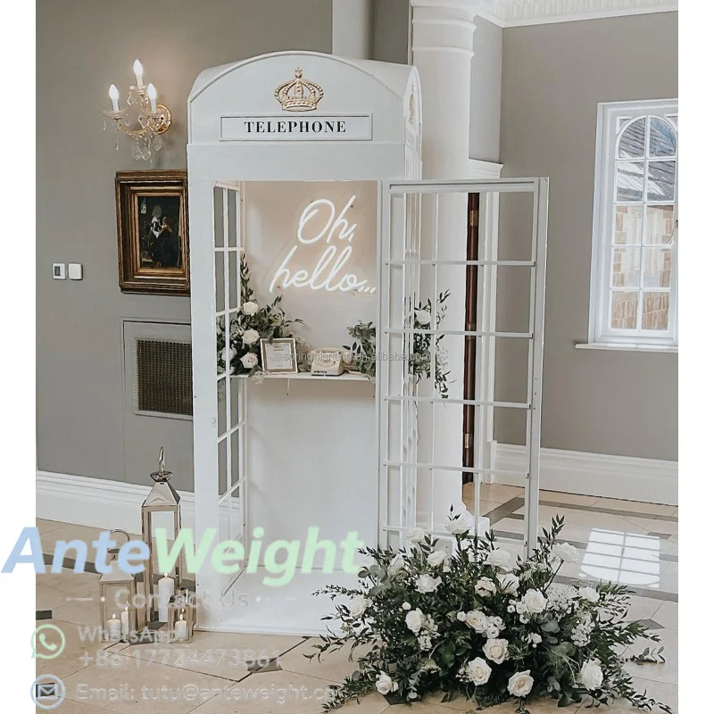 Retro White Phone Booth White Telephone Booth with Artificial Flower