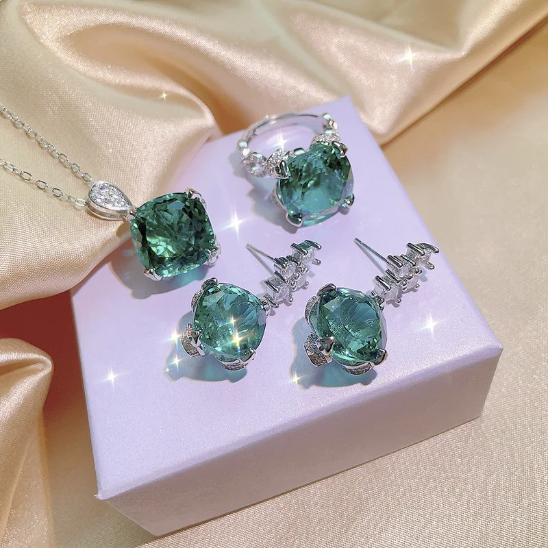 925 Sterling Silver Fashionable Navy Blue Treasure Topaz Necklace Square Earrings Ring Violet Diamond Jewelry Three Piece Set
