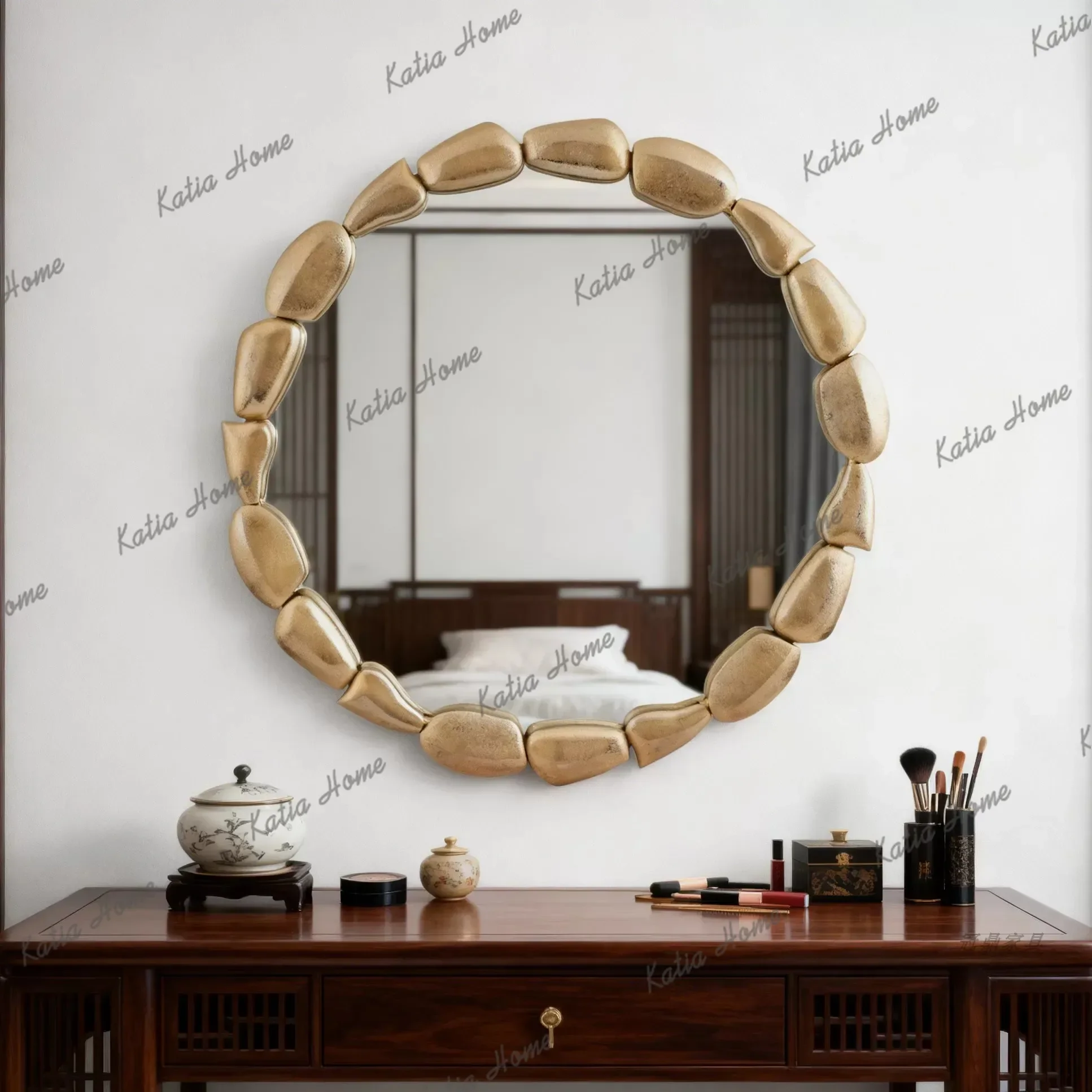 PG Wall Decoration High-Definition Mirror Golden Frame Wall-Mounted Vanity Mirror Bathroom Home Bathroom Facilities Round Mirror