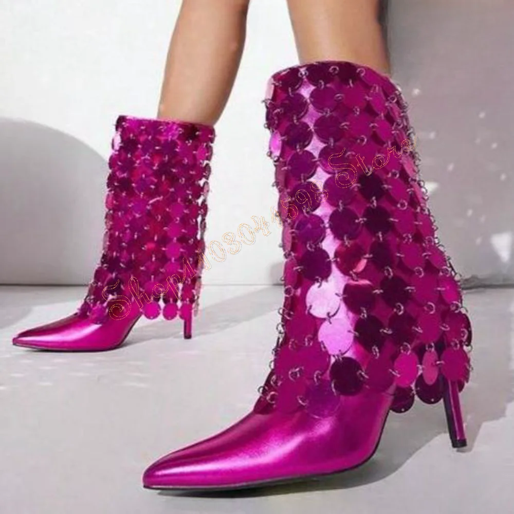 

Round Sequin Decor Pointed Toe Boots Stilettos High Heels Mid Calf High Heel Shoes for Women Heels 2024 New Zapatos Para Mujere