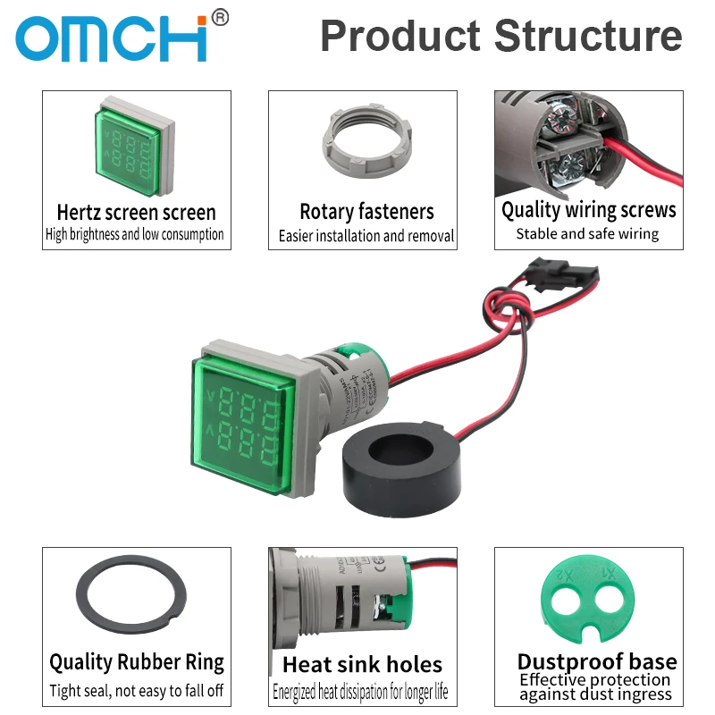 OMCH 1PCS 22MM AC 50-500V 0-100A Rotondo/Suqare Mini LED Doppio Display Digitale Tester Volt Amp Tester Rivelatore