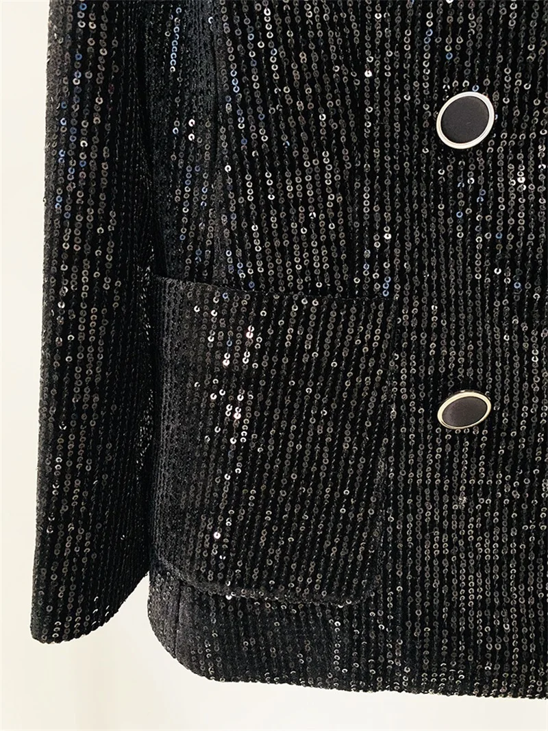 Ensemble blazer et pantalon à paillettes noires pour femmes, vêtements de travail formels pour femmes, veste élégante pour femme, manteau à double bouton, tenue de bureau