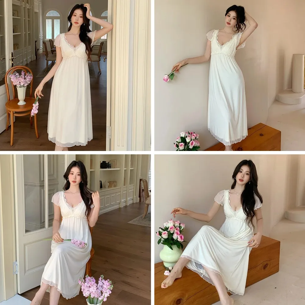 

French Style Elegant Nightgown Princess Mesh Long Home Dress Sweet Gentle Short Sleeve