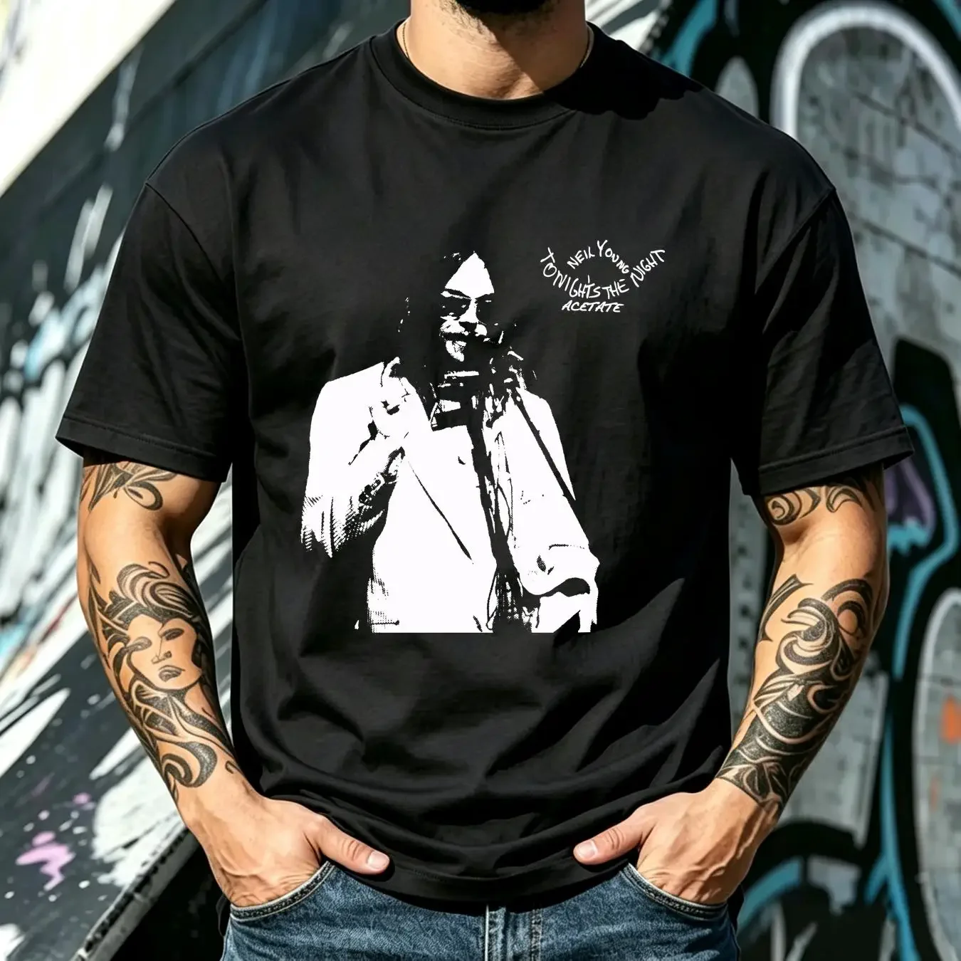 washed T Shirt Men's Neil Young Tonight's The Night Organic Slim Fit Large Black vintage Washed fashion homme Breathable Casual