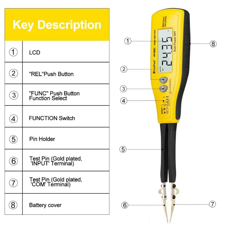 

Digital SMD Tester Capacitance Meter Resistance Meter Diode/Battery Test with Carry Box Power Battery Teste,rHoldPeak HP-990C