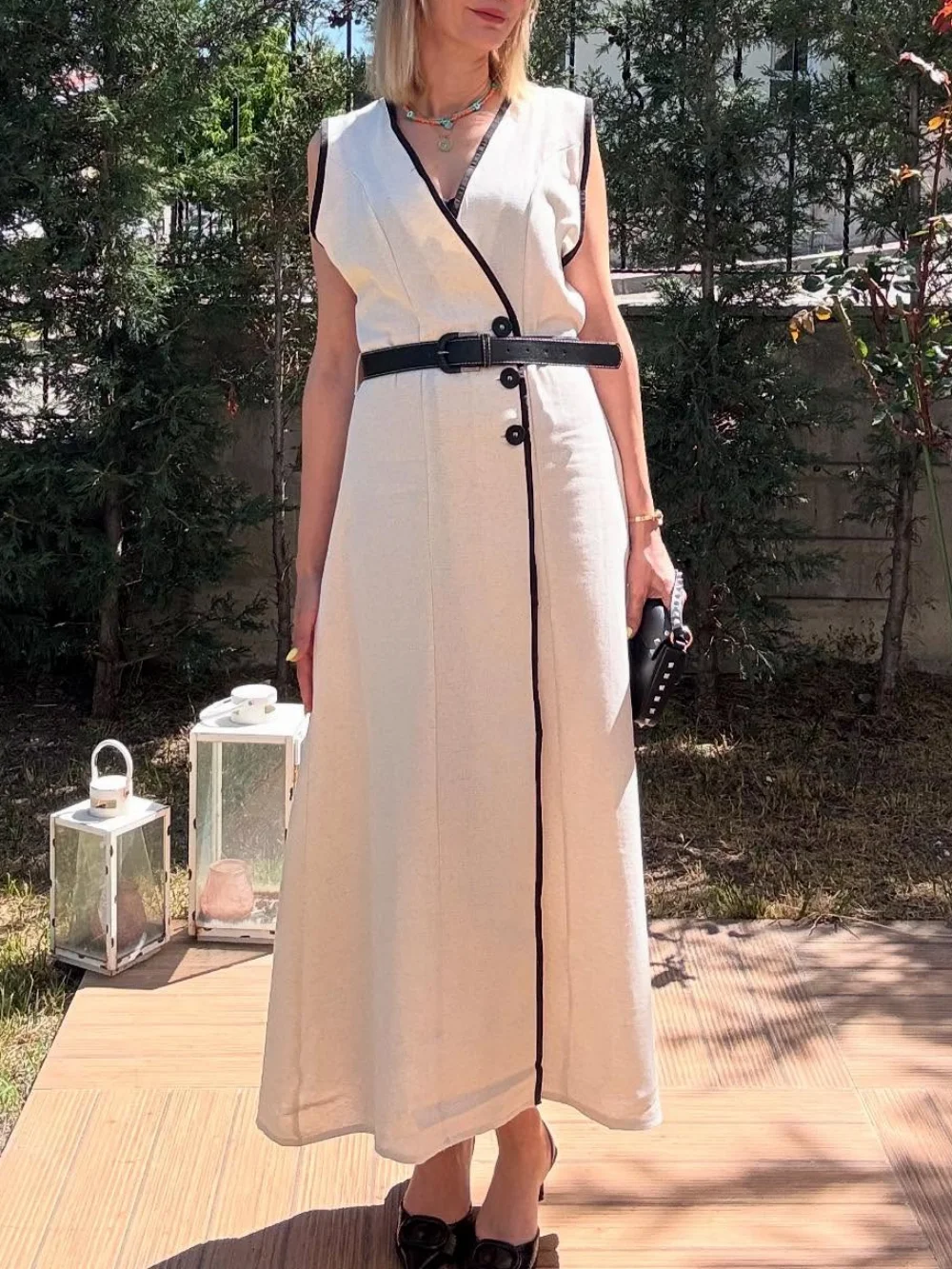 

Commuter chic belt dress female elegant V-neck sleeveless long dress summer new fashion casual vacation women's wear