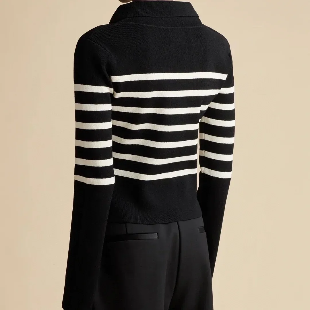 2024 Spring Black White Stripes Knit Sweater Pullover