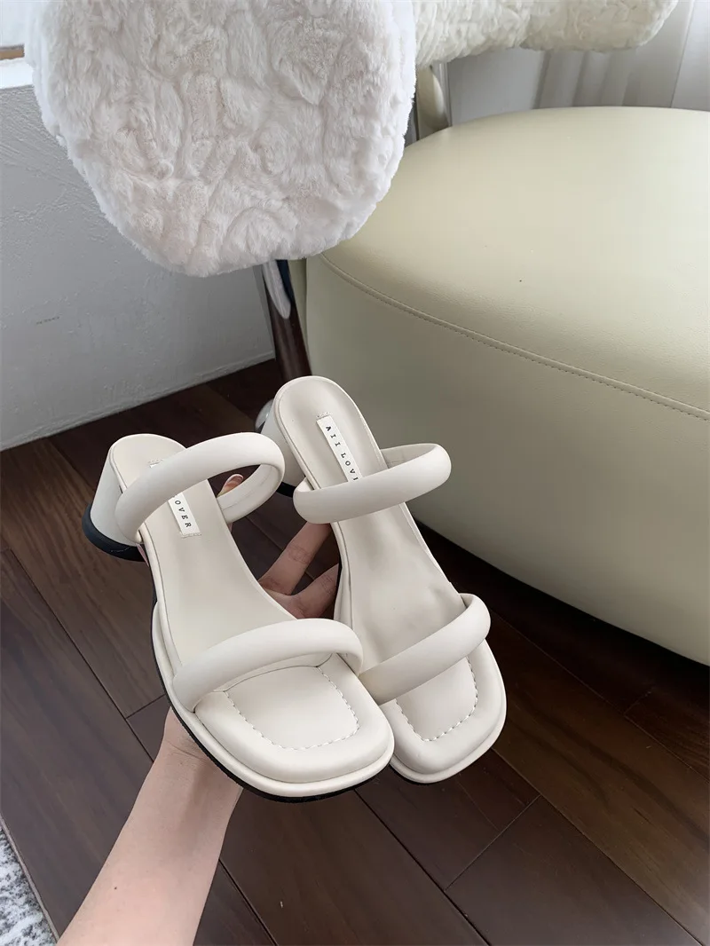 Shoes Slippers Casual Women Heels Square Toe Low Pantofle Slides Luxury High Soft Block Summer 2023 Basic Rome Fabric Retro Rubb