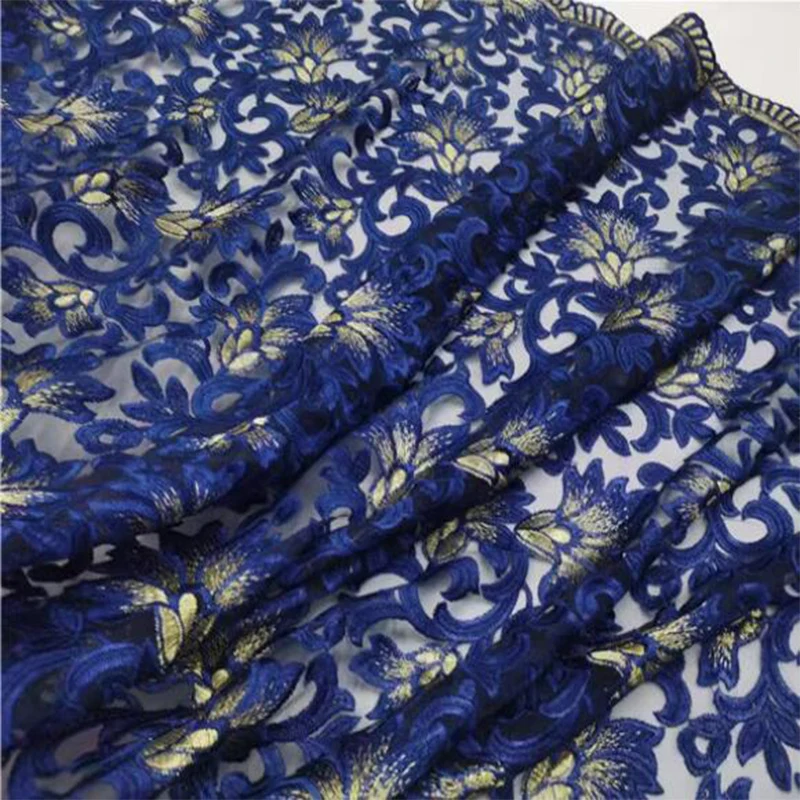 Royal Blue Embroidery Flower Lace Mesh Fabric Chinese Ethnic Style Clothing Fabric Sewing Material DIY Clothing /Wedding Dress