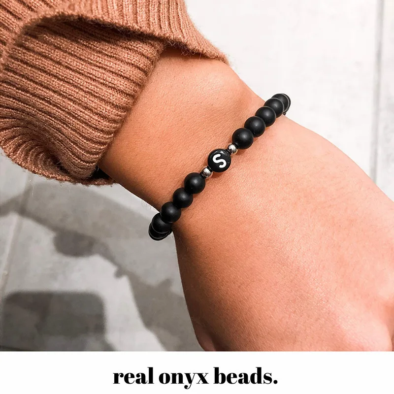 New Trendy 26 Initial Letters Bracelets Men Women Black Matte Natural Frosted Stone Alphabet Beaded Bracelet Friendship Jewelry