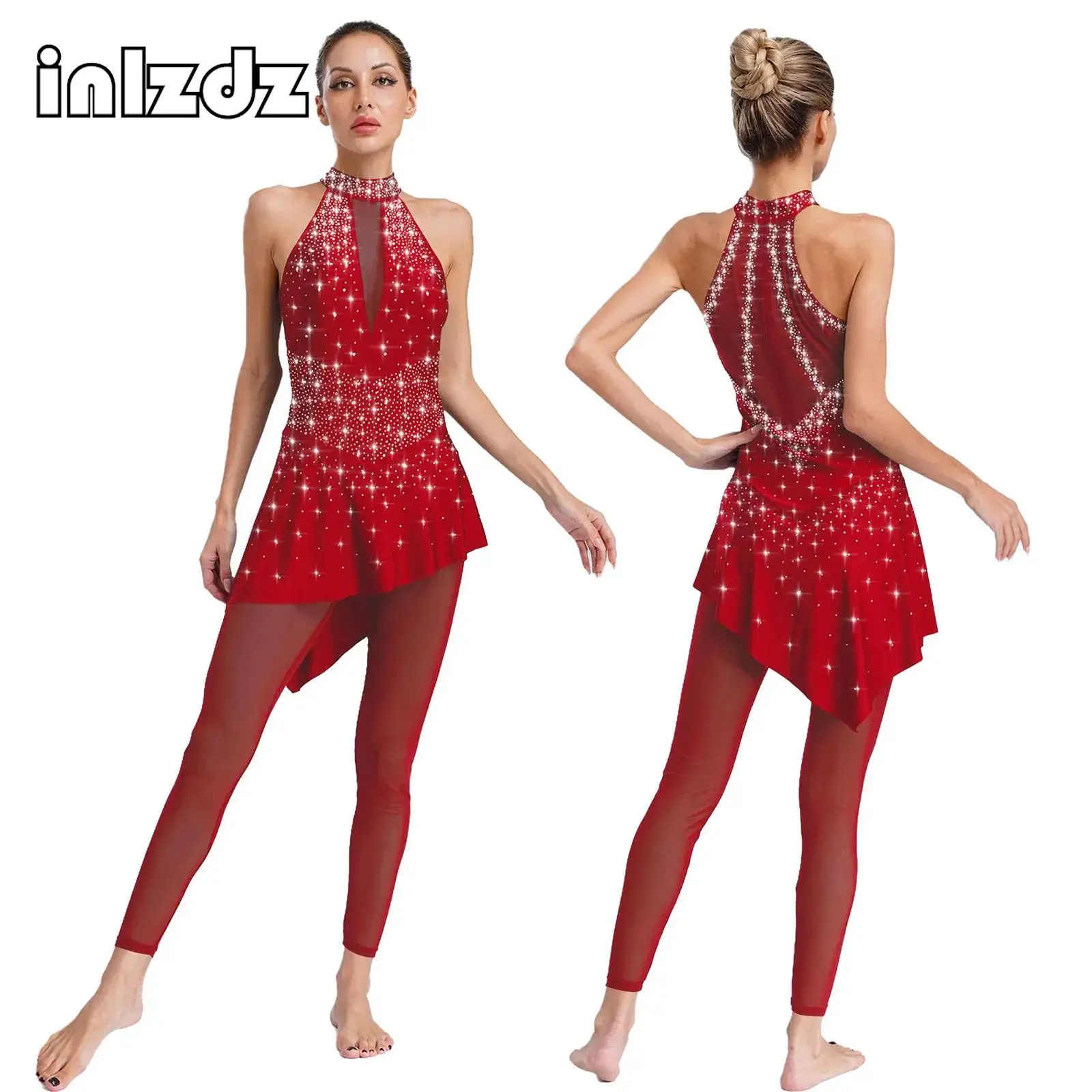 

Womens Shiny Rhinestones Gymnastics Figure Ice Skating Dance Costume Sleeveless Sheer Mesh Irregular Skirted Jumpsuit Dancewear
