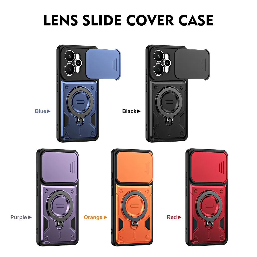 Armor Shockproof Phone Case with Slide Camera Cover 360° Rotatable Ring Holder Kickstand for Oppo Realme 15 Pro 15x C85 5G
