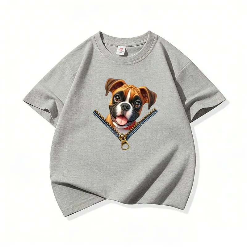 Kids Cotton T Shirt Cute Boxer Puppy Dog Zipper Print Crew Neck Short Sleeve Tee Casual Breathable Boys Girls Summer Tops