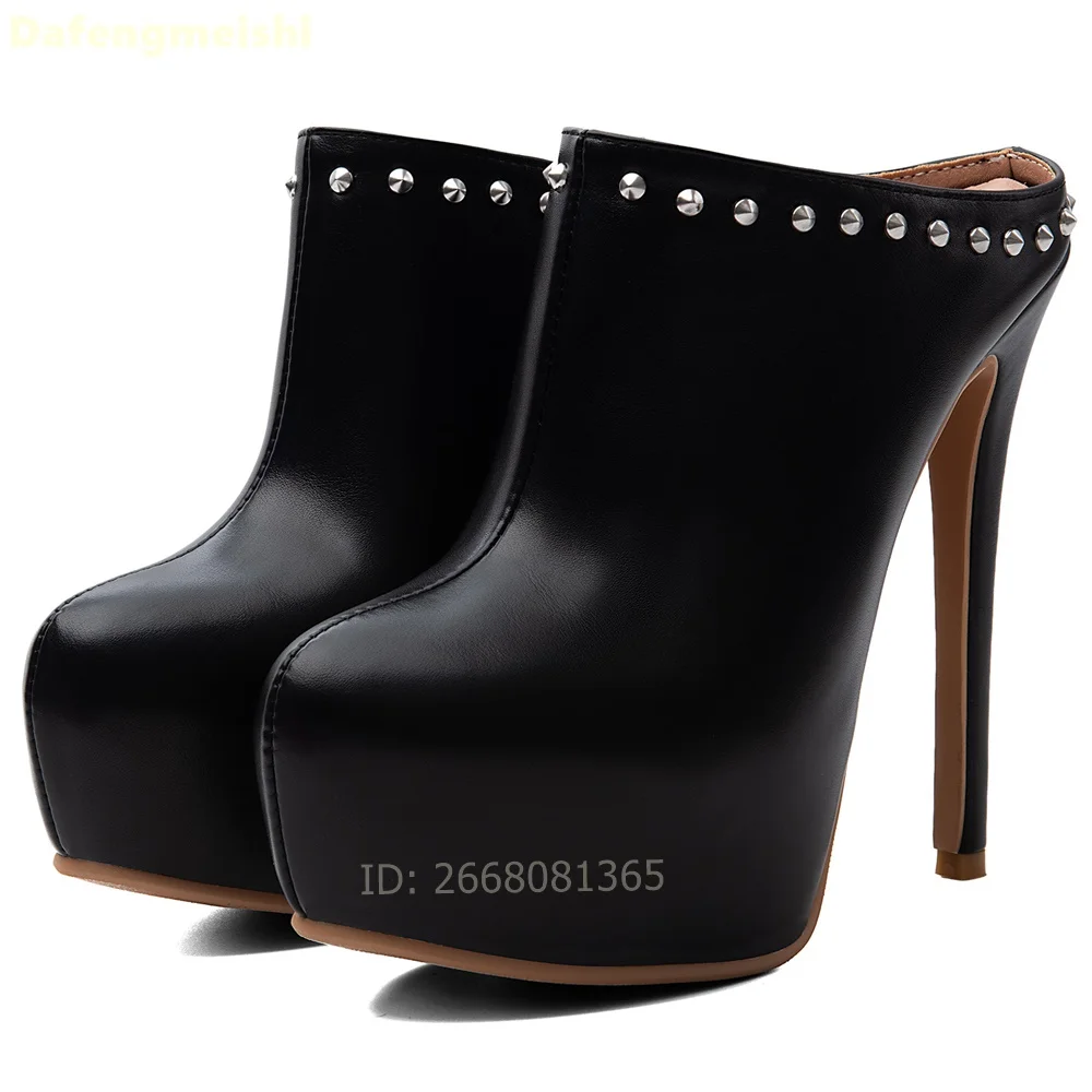 Black Pu Leather Rivet Platform Slippers Round Toe Slip On Stiletto Heels Mules Sandals Women Punk Club Street Fashion High Heel