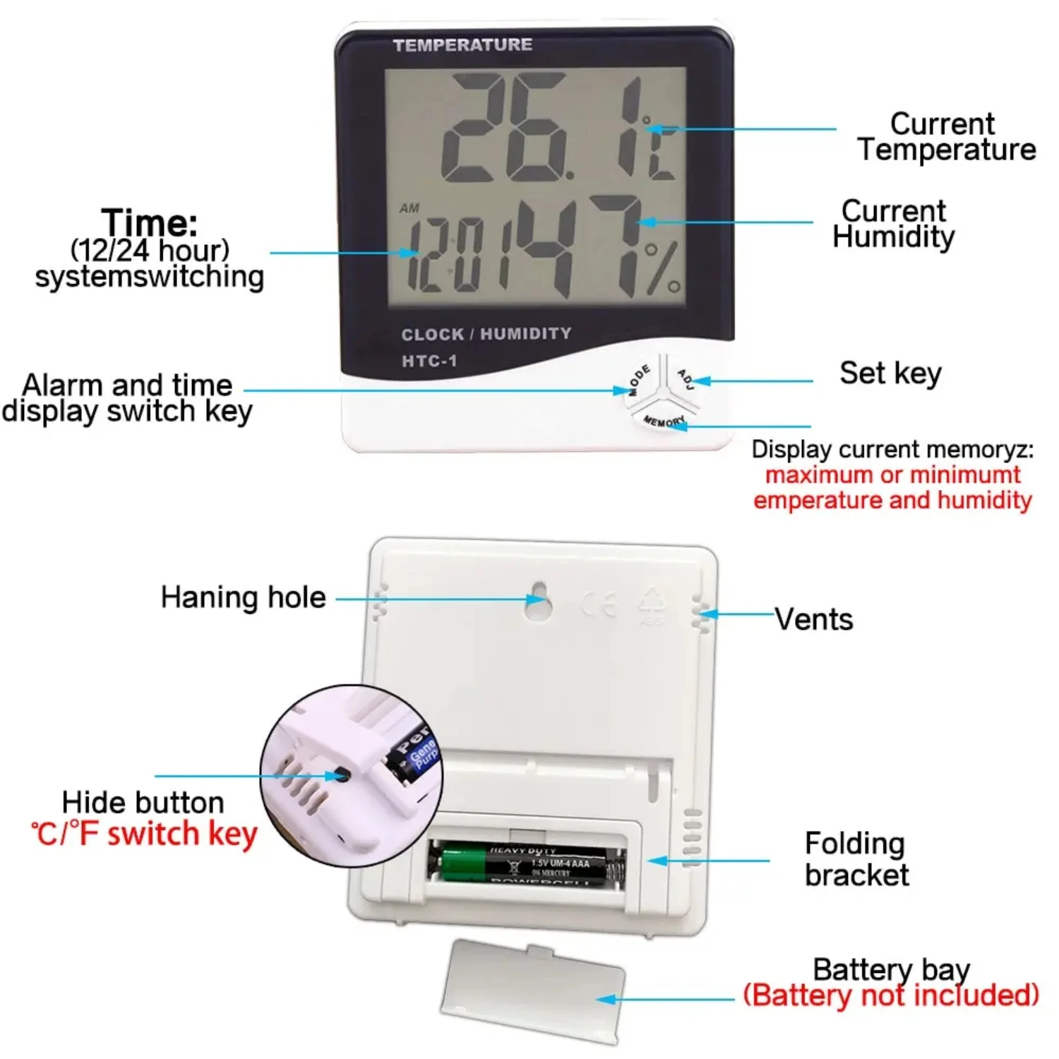 1PC  HTC-1 HTC-2 LCD Electronic Humidity Meter Smart  Digital Hygrometer Thermometer Weather Station Clocks Outdoor