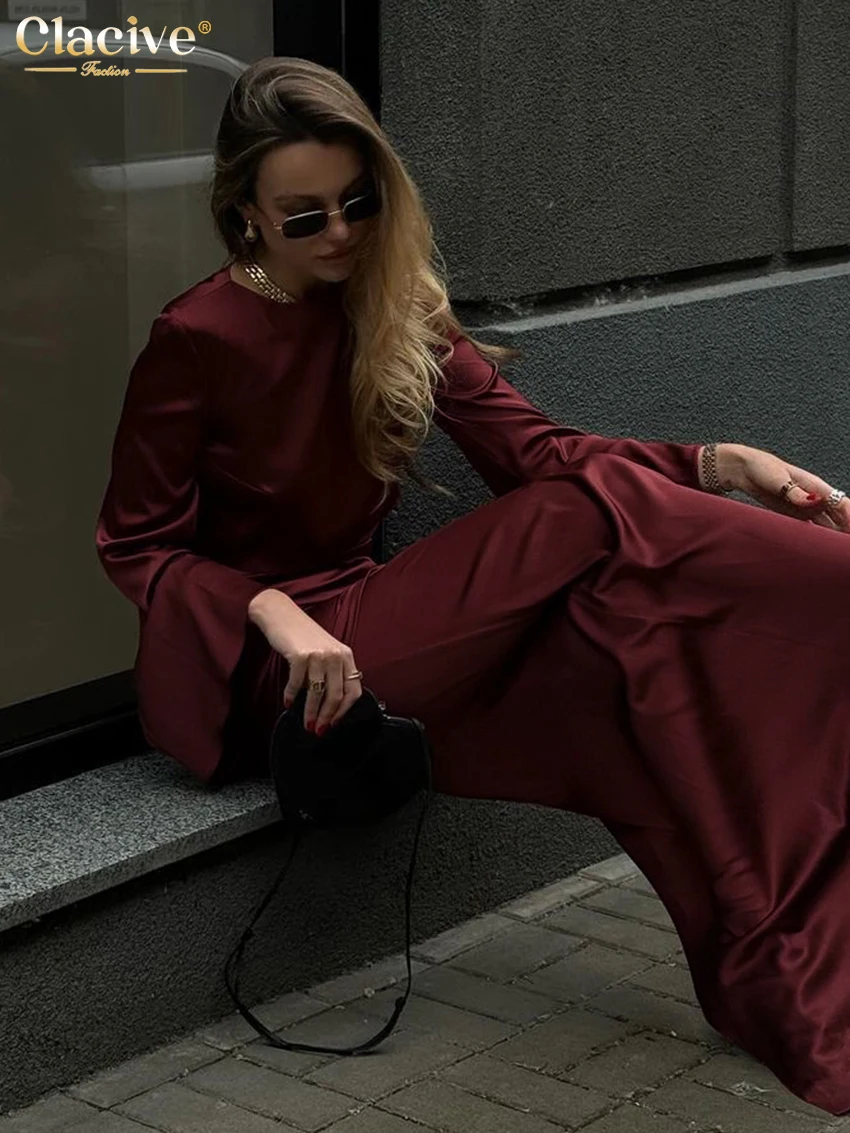 Clacive Fashion Loose Wine Red Satin 2 Piece Set Women Outfit Elegant Long Sleeve Crop Top With Mid Waist Long Skirts Set Female