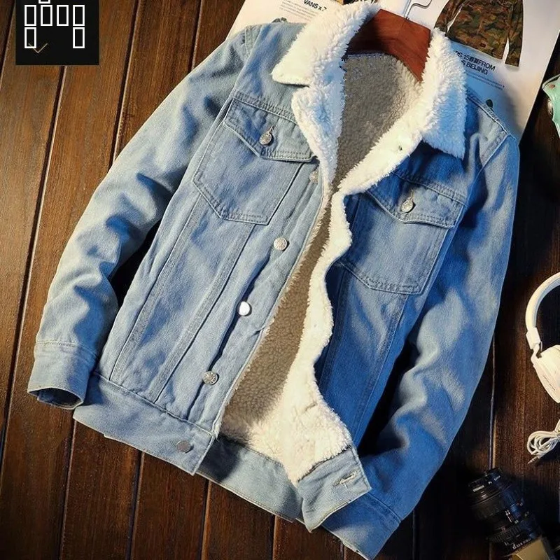 

Men's Winter Thiened Fce Denim Jaet Loose Fit Autumn Winter Sle Warm Lamb Velvet Jaet Trendy Cotton Clothes