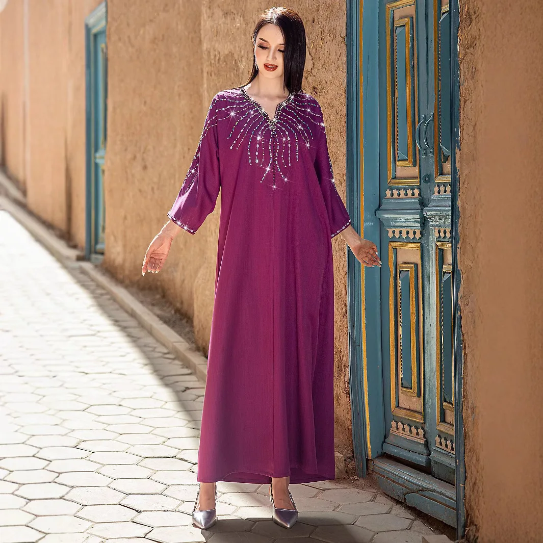 BA5149 New Berry Purple Heavy Industry Hand sewn Diamond Dress Arabian Robe Women's Wear