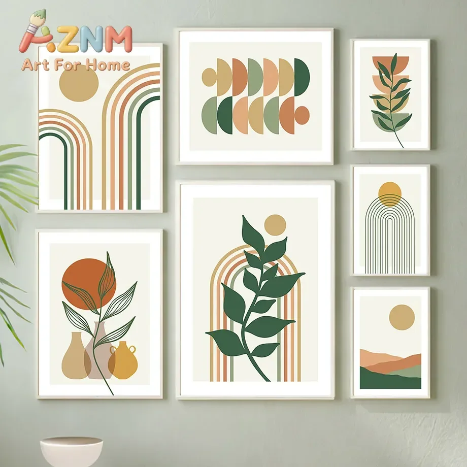 Wall Art Canvas Painting Abstract Geometry Sun Leaf Jar Arch Nordic Posters And Prints Boho Pictures For Living Room Decor