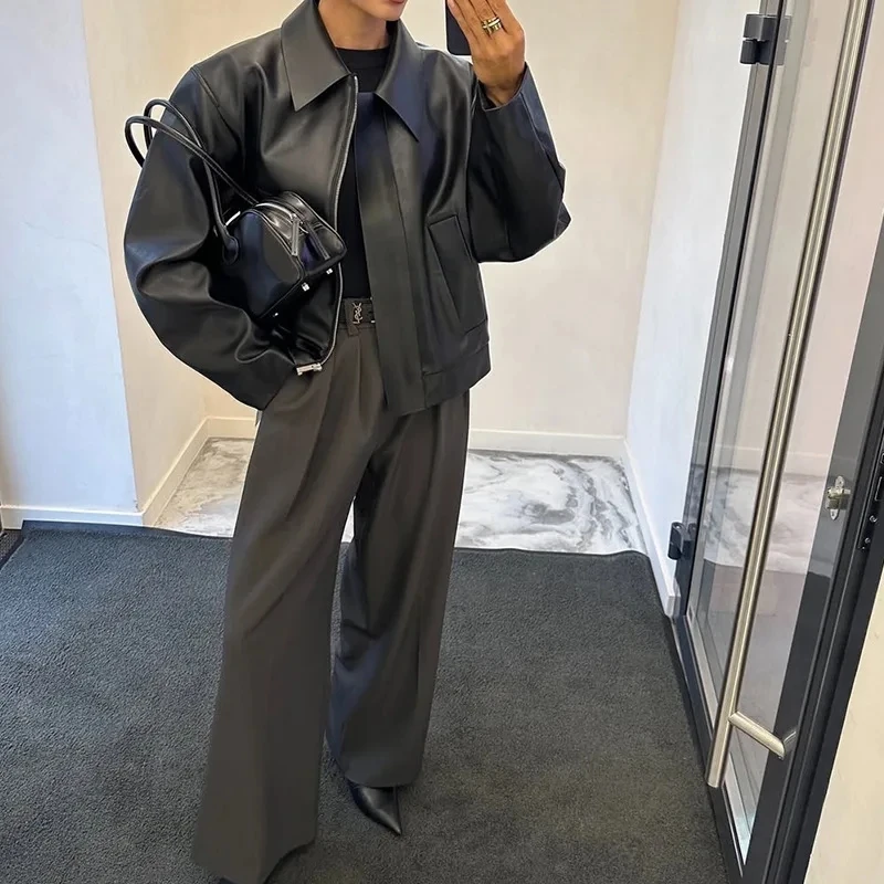 2026 Fashion Commuting High End Sense Turn Down Collar Pu Leather Women Spring New Loose Coat Black Versatile