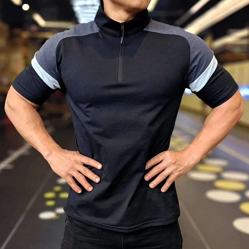 Mężczyźni Fitness Running Half Zip Training Wear Summer High Elasticity Slim Fit Tee Outdoor Hiking and Trekking T-shirt Muscle Tight