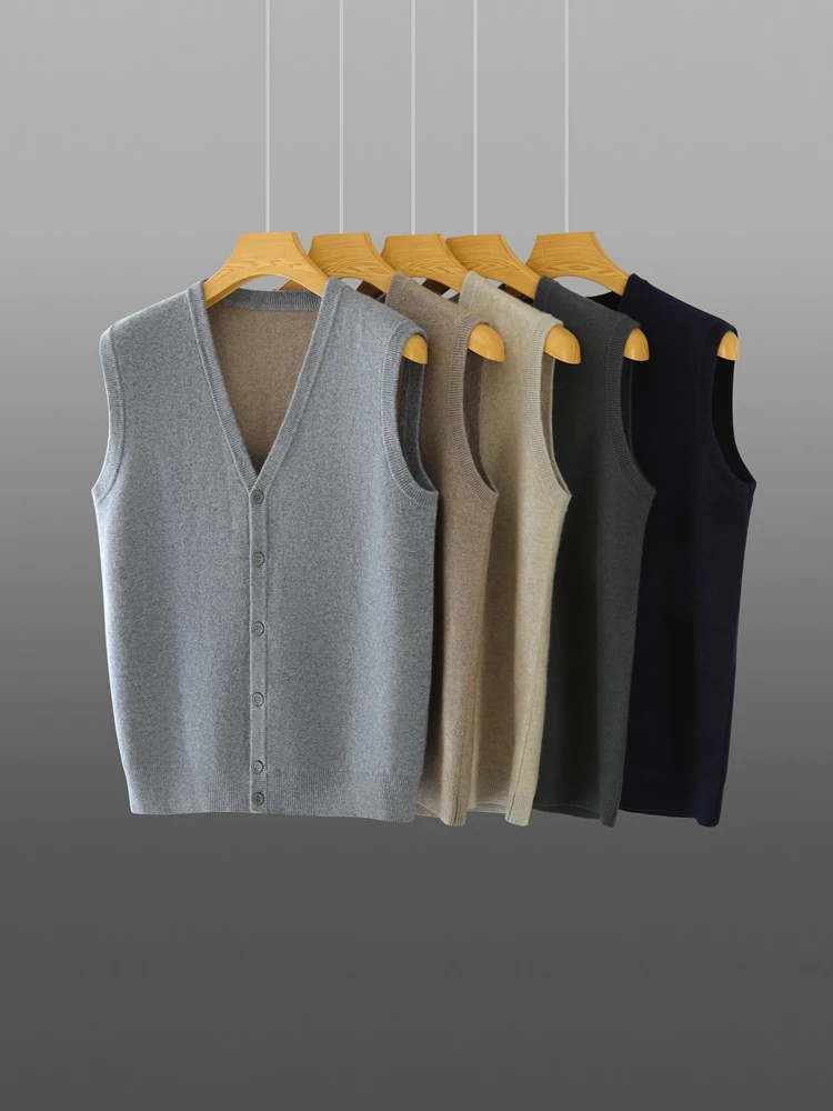 

High-end Men's 100% Goat Cashmere Sweater V-Neck Sleeveless Cardigan Autumn Winter Thick Smart Casual Knitwear Soft Cosy Vest