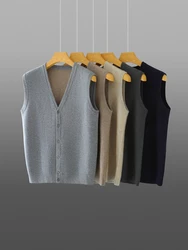 High-end Men's 100% Goat Cashmere Sweater V-Neck Sleeveless Cardigan Autumn Winter Thick Smart Casual Knitwear Soft Cosy Vest