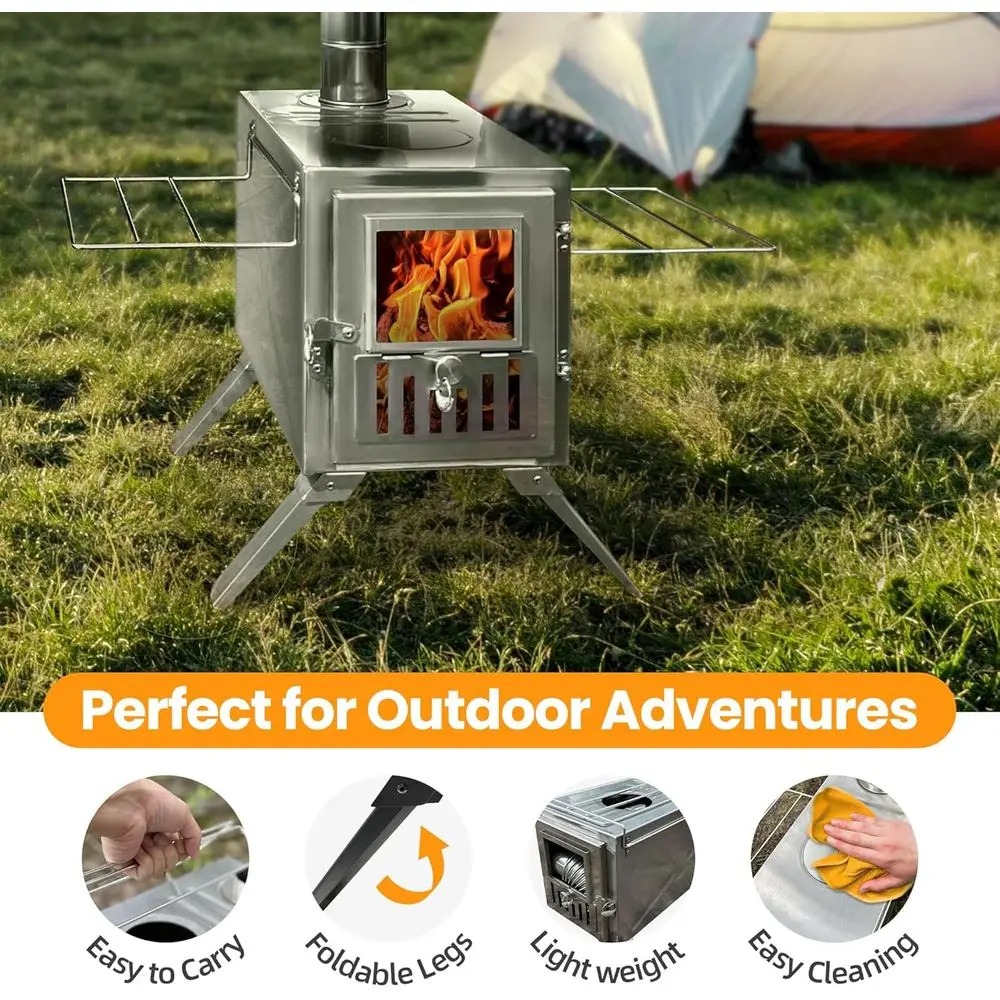 Holzofen, tragbarer Campingkocher mit Kaminrohren, Frontfenster, Seitenständer, Mini-Holzofen für Außenzelt, Kookout, Tr
