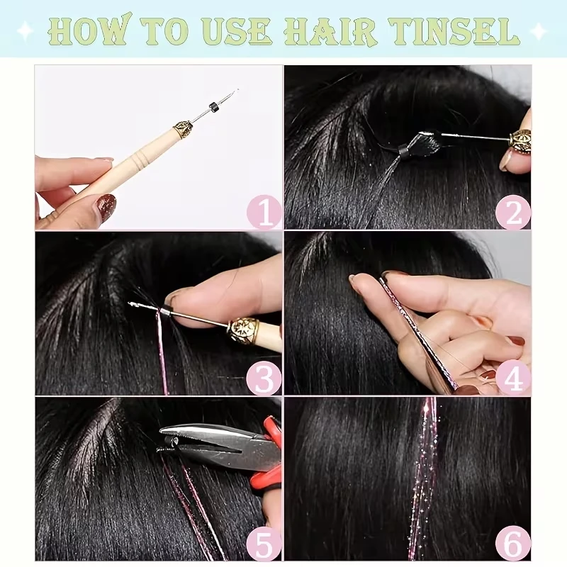 6 Piezas por Set de 38 Pulgadas, Tinsel de Cabello Largo Brillante Arcoíris, Adecuado para Trenzas y Colas de Caballo, Mechones Brillantes 6