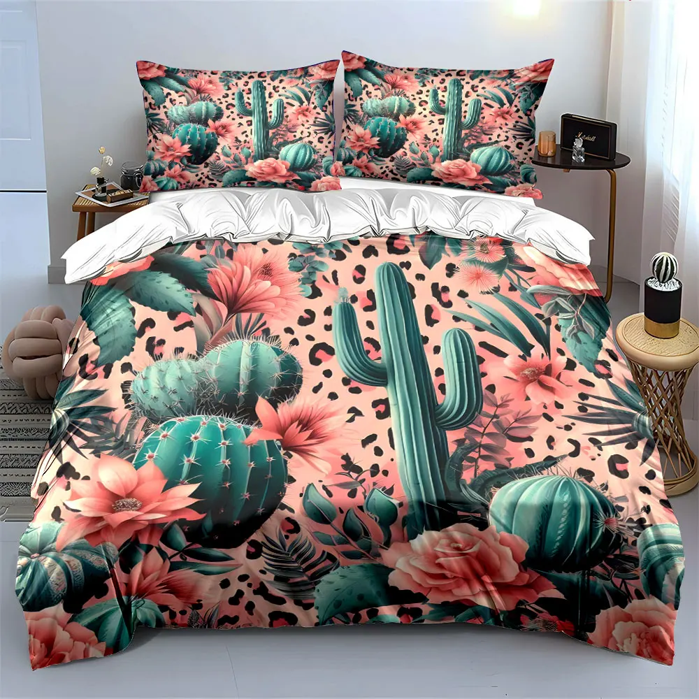 Pink and green cactus floral background Print Soft Comfortable Duvet Cover Bedding Set Included 1*Duvet Cover  2*Pillowcases