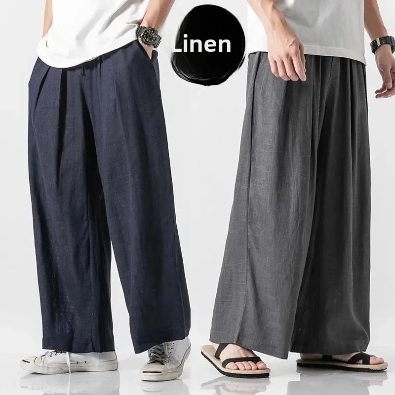 

Повседневные широкие хлопковые льняные мужские брюки, свободные длинные брюки в китайском стиле, прямой крой, летняя мода