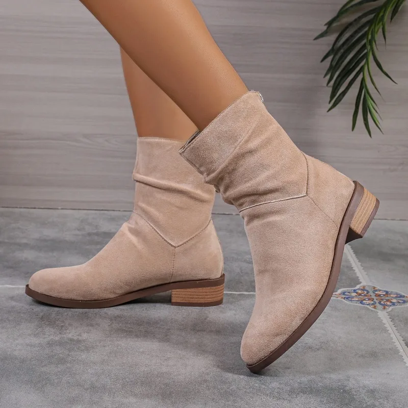 Women's Shoes on Sale 2024 Fashion Zipper Women's Boots Winter Round Toe Solid Flock Short Barrel Low-heeled Rubber Naked Boots