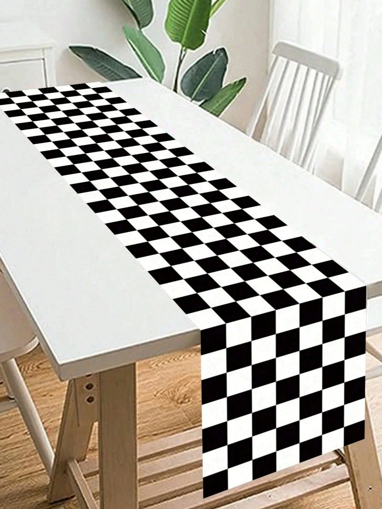 1 Stück Tischläufer aus schwarz-weißem Schachbrett-Leinen im Rennstil, 2D-gedruckt, einjährige Verwendung, Dekor für Esszimmer/Küche/Wohnzimmer,