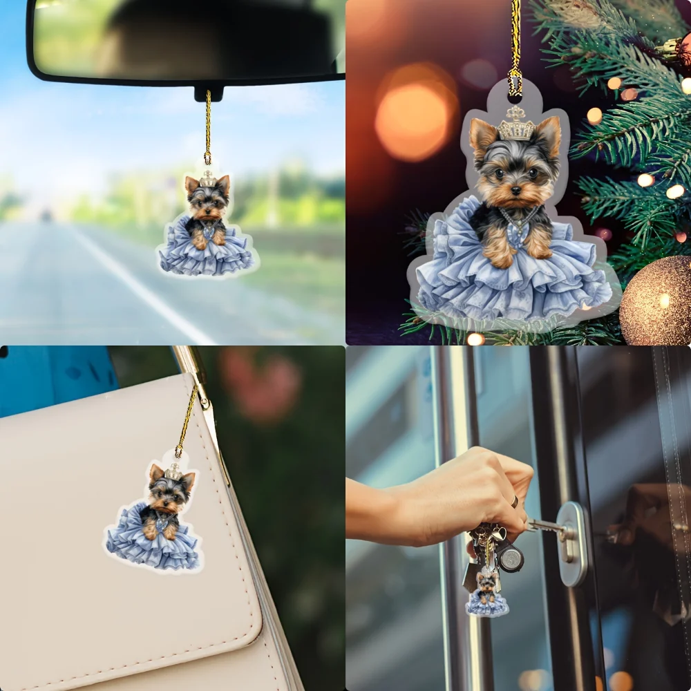 2D Yorkshire Terrier Dog Pendant Charm Pleated Skirt Dressed Dog Keychain,Decor for Car Mirror,Backpacks,Home,Festive Party,Gift