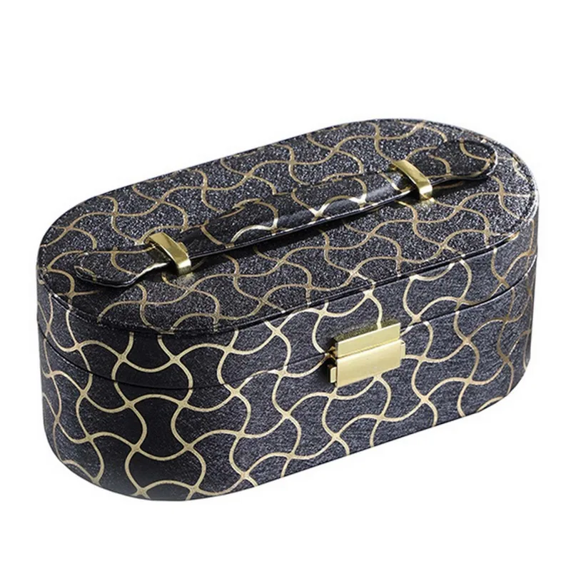 

Travel Jewelry Case with 2 Semicircle Slots and Wavy Pattern, Black
