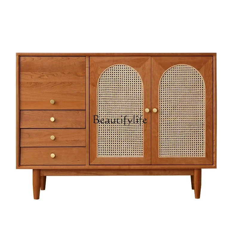 

Japanese-Style Rattan Sideboard Cabinet Solid Wood Small Apartment Storage Simple Modern Tea Cabinet