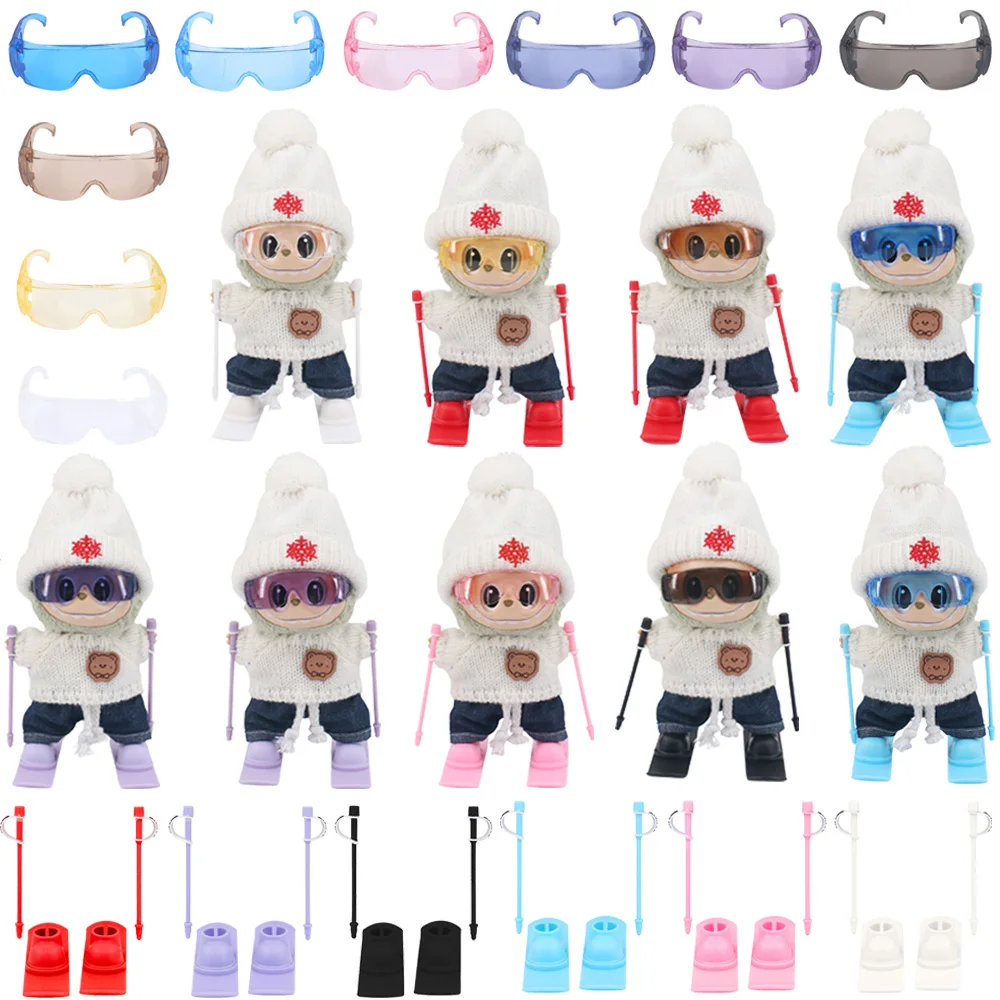 Para muñecas Labubu, juegos de esquí, gafas + Skis + postes de esquí de 15-17CM, muñecos de peluche, accesorios de ropa, juguetes Pop Sking, regalo para niñas