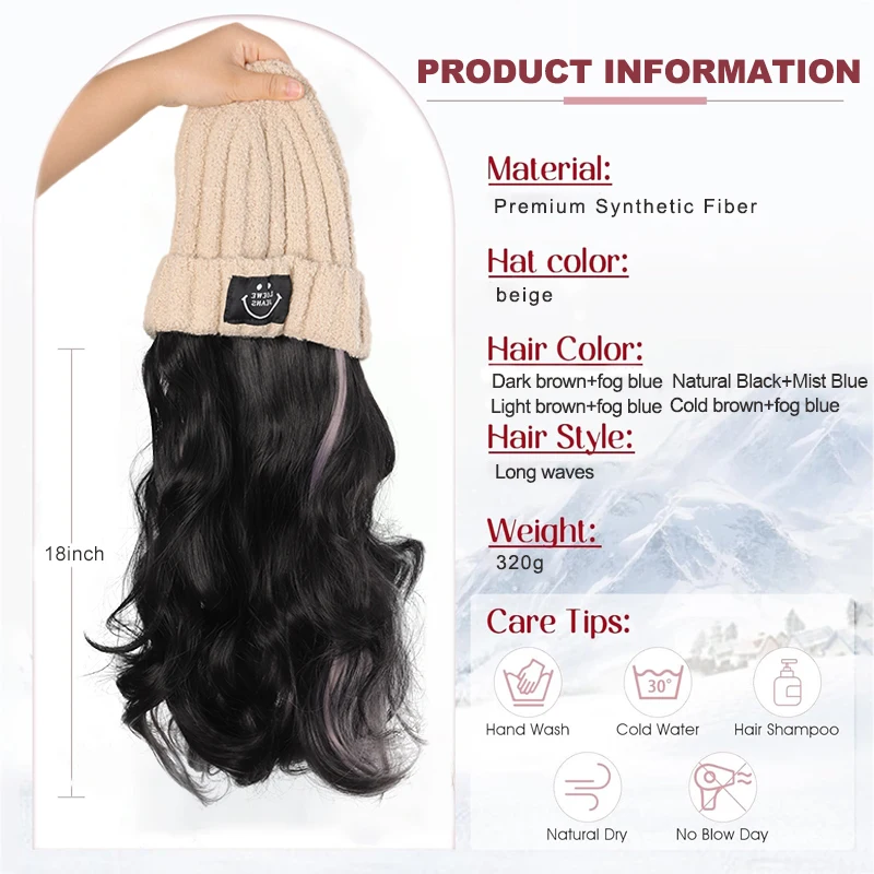 모자 가발, 모자 가발 긴 웨이브 곱슬 베이지색 모자, 인조 모피 가발 모자, 18인치 합성 헤어피스 포함, 겨울에 적합