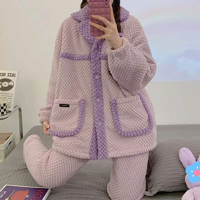 

coral fleece Women's pajamas leisure elegant Purple Sleepwear keep warm winter collection thicken fleece-lined homewear suit