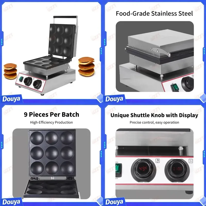Digital Knob Adjustment 90 Mins Timer Commercial Electric Wafer Grill 9pcs Dorayaki Baker Maker Red Bean Pancake Waffle Maker