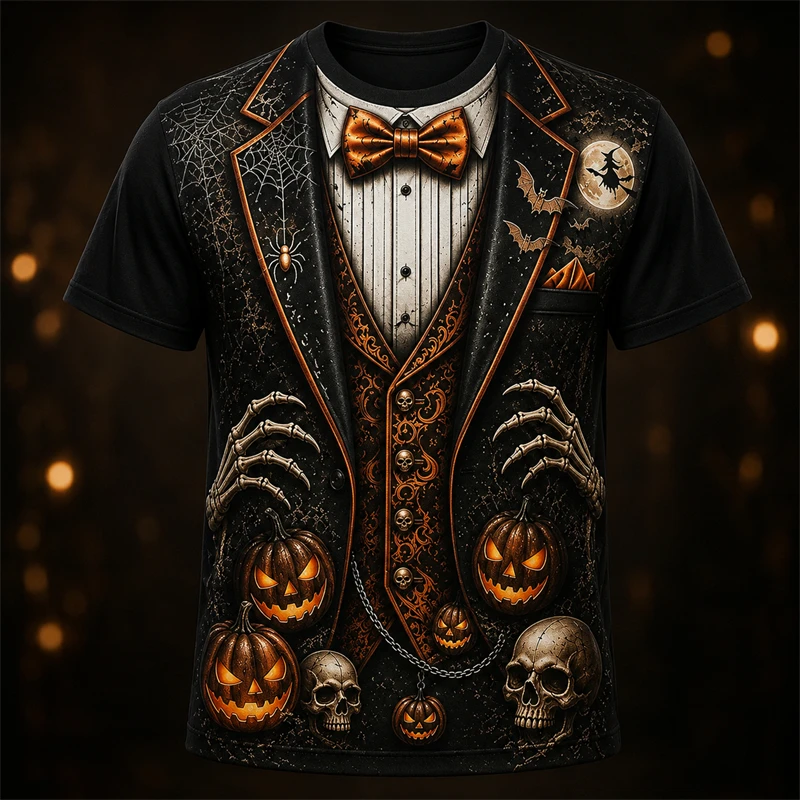 Mens Halloween Costume T‑Shirt 3D Print Fake Suit Skeleton Bowtie Graphic Short Sleeve O‑Neck Tops Holiday Party Streetwear Tops