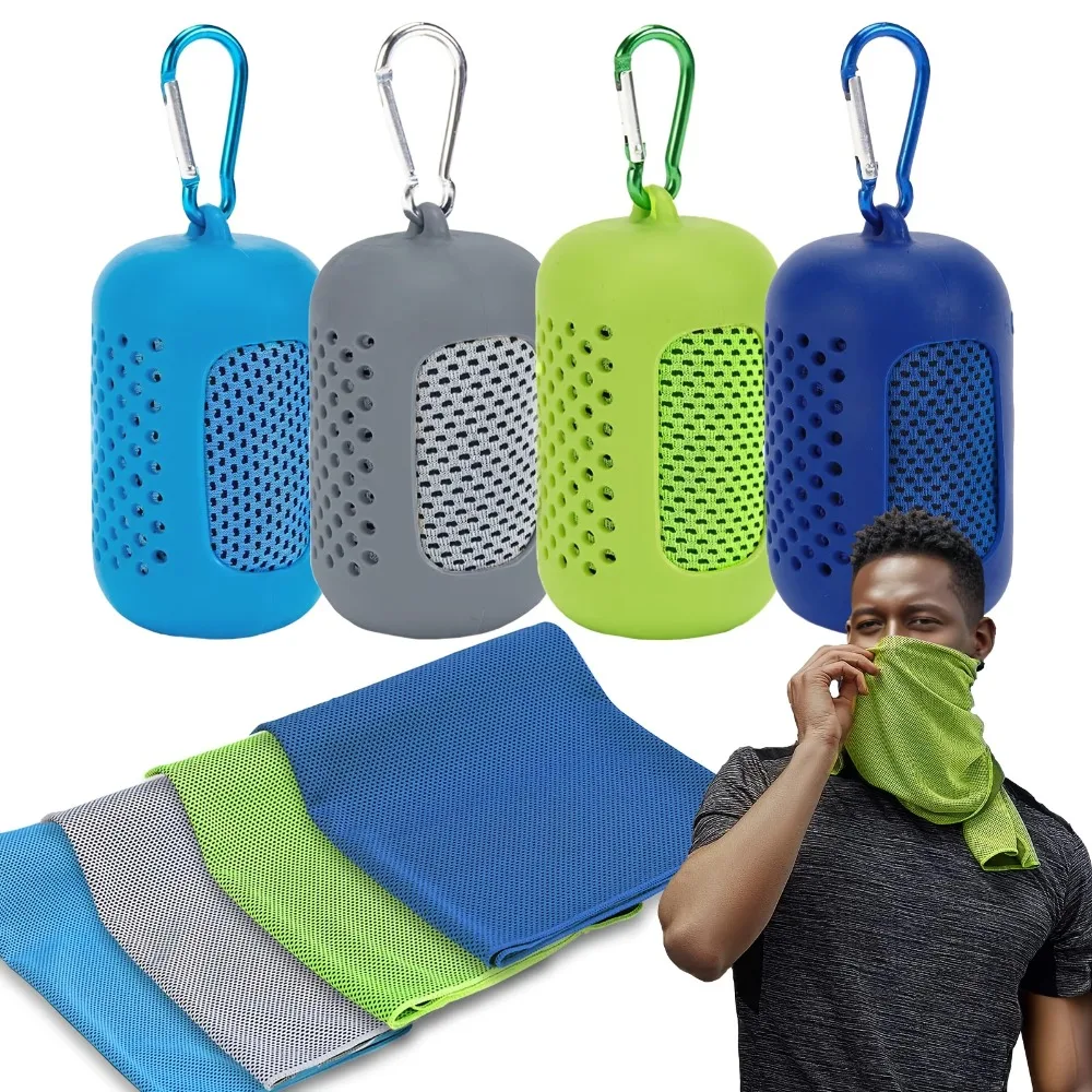 Quick-Dry Cooling Sports Towel whit Silicone Storage Covers Soft Highly Absorbent Microfiber with Geometric Texture&Hanging Loop