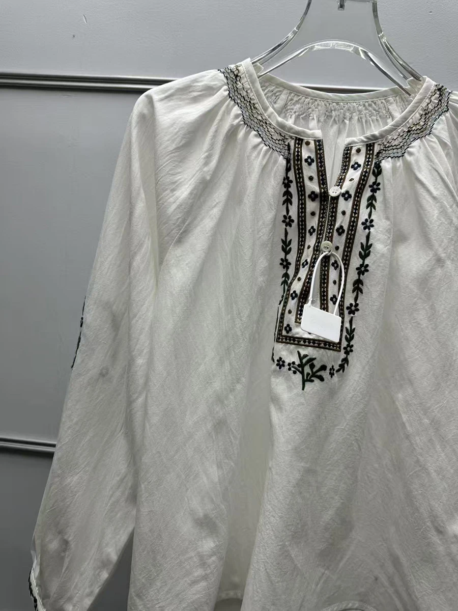 Chemisier brodé de fleurs françaises pour femmes, manches longues bouffantes, chemises Vintage de styliste, hauts élégants à la mode, printemps-automne, 2026