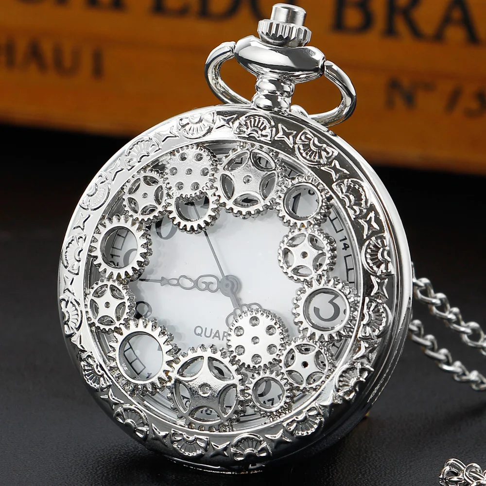 

Sculptured Gear Hollow Skeleton Silver Pocket Watch Arabic Number Fob Watch Men Women Quartz Pendant Clock Dropshipping