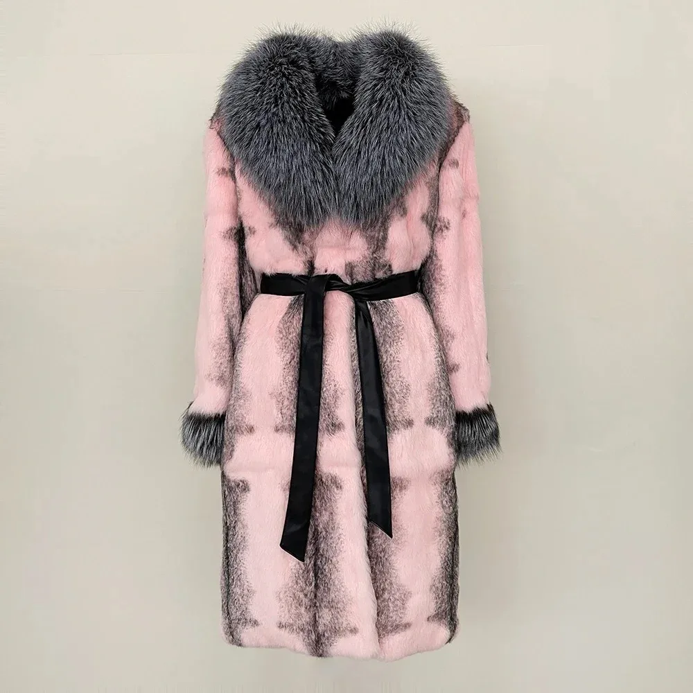 Real Fox Fur Collar Coat 2024 New Autumn Winter Thickened Fur Coat for Women Rabbit Fur One-piece Long Style Fashion Warm Women