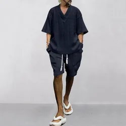 New Fashionable Casual Loose Seven Quarter Sleeve Jacquard V-neck Top Shorts Men's Set Beach Vacation European Size 2-piece Set