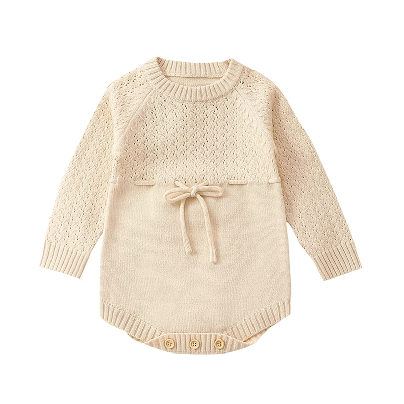 

Baby Sweater Romper Long Sleeve Round Neck Tie-up Front Knit Bodysuit Infant Fall Winter Outfit