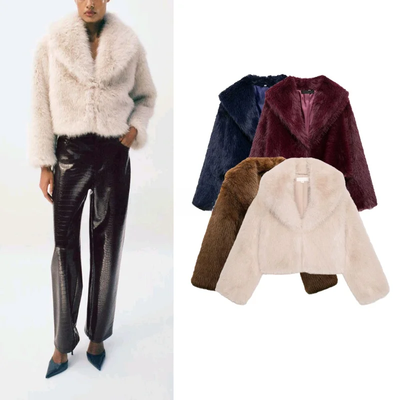

Autumn Winter New Women's ort Coat Long Sve Faux Fur Effect Turn-down Collar Jaet Polyester Fiber Ladies Faion